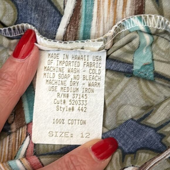 Hilo Hattie Mid-2000s Navy & Green Hawaiian Canoe Print Cotton Maxi Dress - Picture 5 of 5